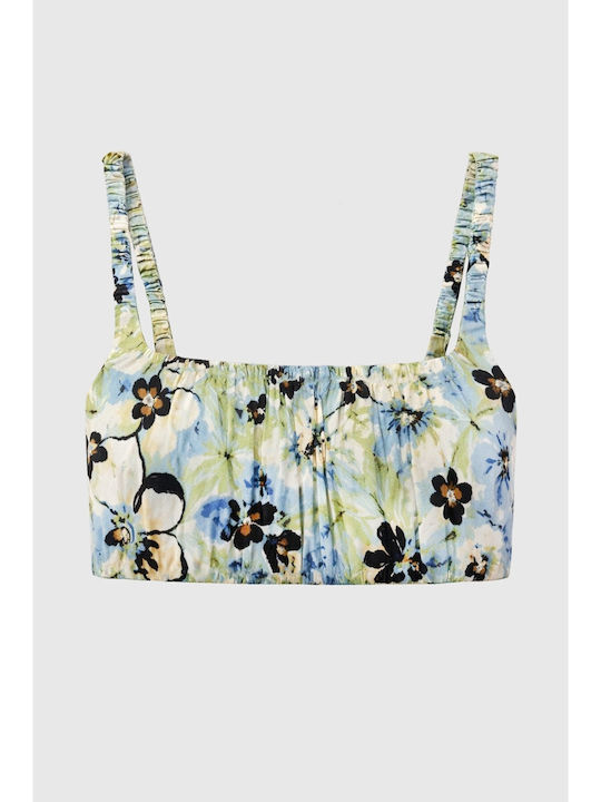 Γυναικείο Καλοκαιρινό Crop Top Βαμβακερό με Τιράντες Floral Μπλε