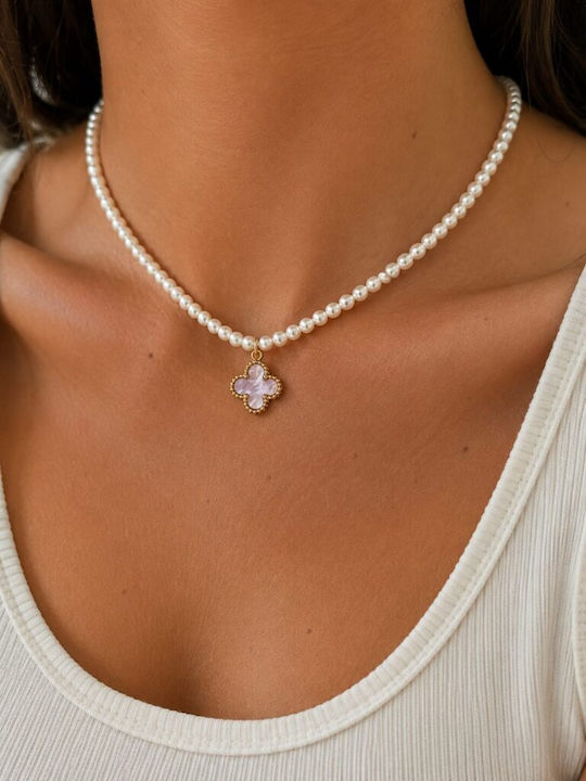 Ghetto Necklace From Pink Gold Plated Steel With Pink Pearls