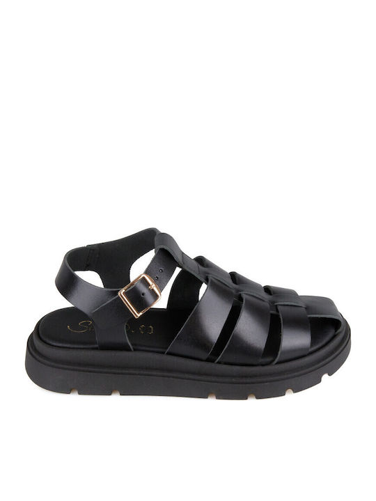 Leather Women's Gladiator Flatforms Black Flat Sandals