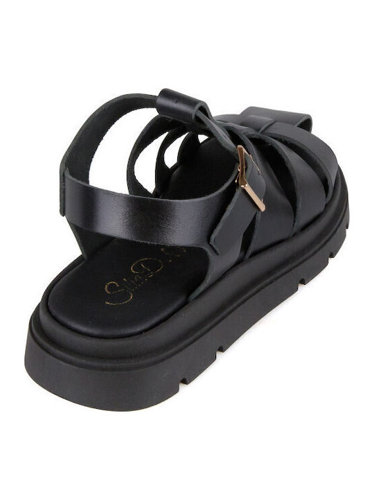 Leather Women's Gladiator Flatforms Black Flat Sandals