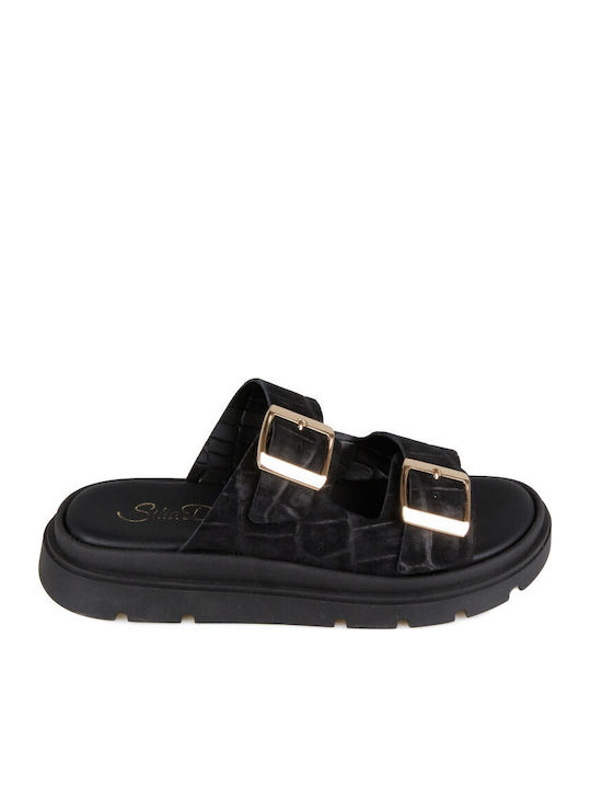 Δερμάτινα Γυναικεία Σανδάλια Flatforms Μαύρα