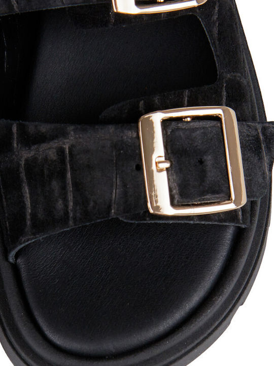 Δερμάτινα Γυναικεία Σανδάλια Flatforms Μαύρα