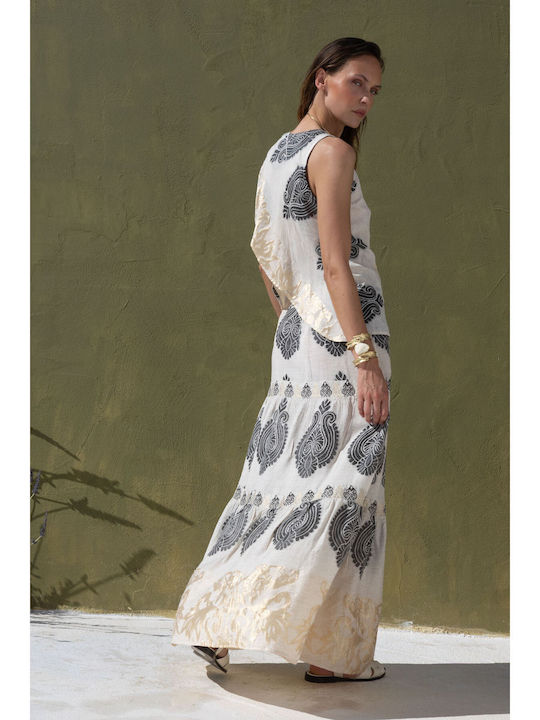 Leinen Maxi Rock Ecru / Grau