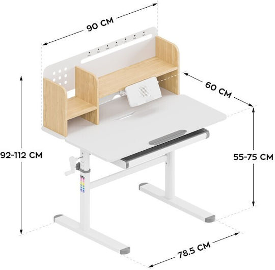 Kinder Schreibtisch aus Melamin Weiß 90x60x92-112cm