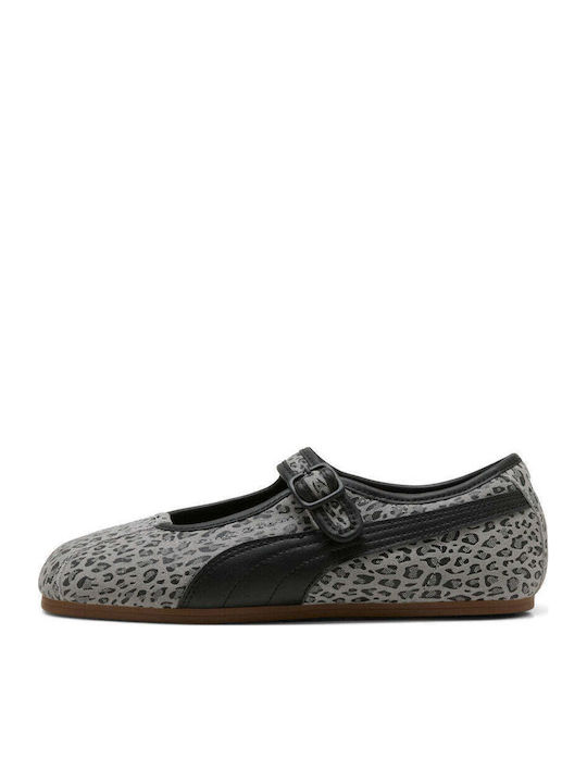 Kids Ballerinas With Adjustable Metal Clasp Leather Grey Tacklette Cat