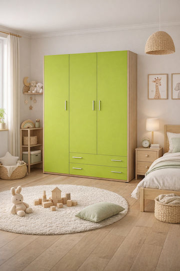 3 Drei Türen Kinderkleiderschrank mit 2 Schubladen Eiche-Grün 110x50x180cm