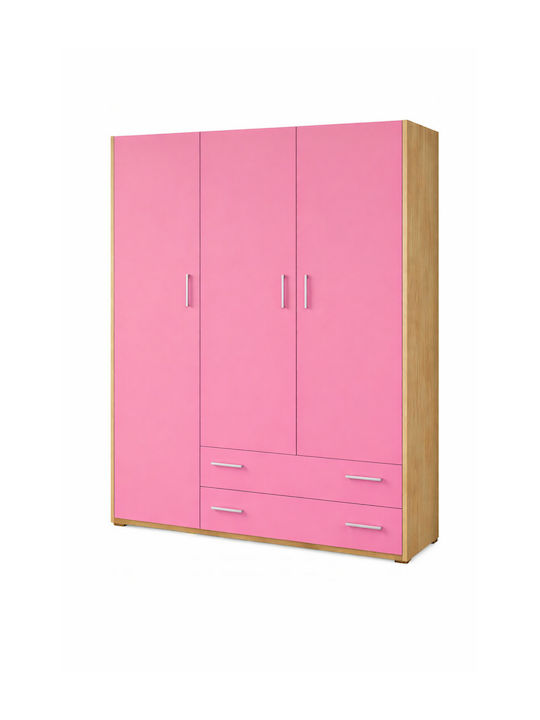 3 Dreitüriger Kinderkleiderschrank mit 2 Schubladen Eiche-Rosa 110x50x180cm