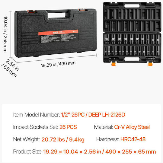 Vevor Pneumatic Sockets with 1/2" Frame Host Set 26 Pieces