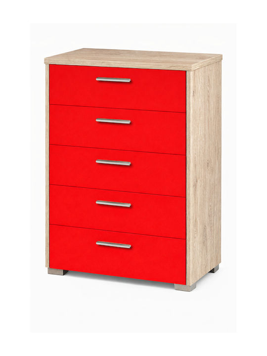Kids Chest of Drawers No 5 Oak-Red with 5 Drawers 60x45x90cm