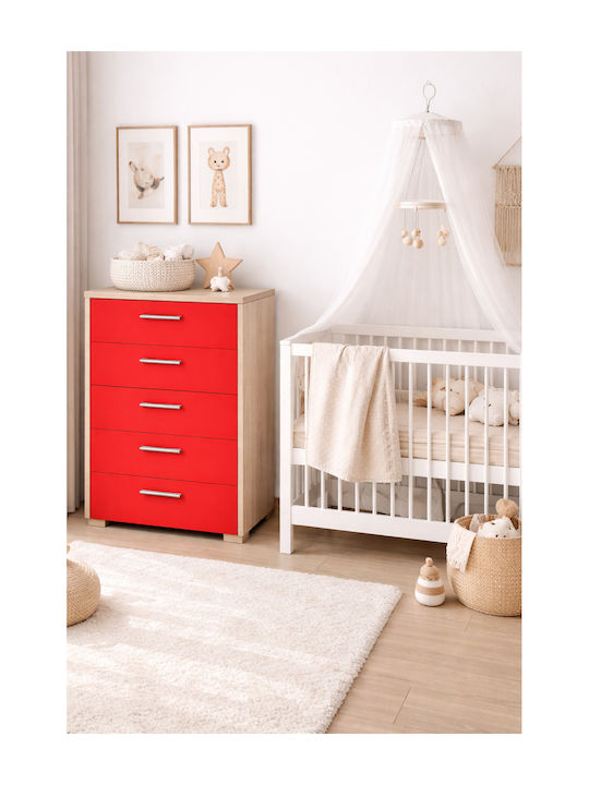 Kids Chest of Drawers No 5 Oak-Red with 5 Drawers 60x45x90cm