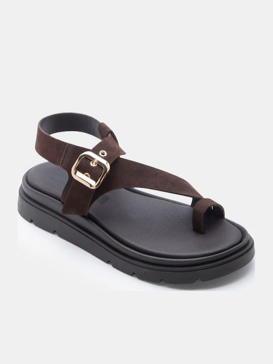 Δερμάτινα Γυναικεία Σανδάλια Flatforms Καφέ