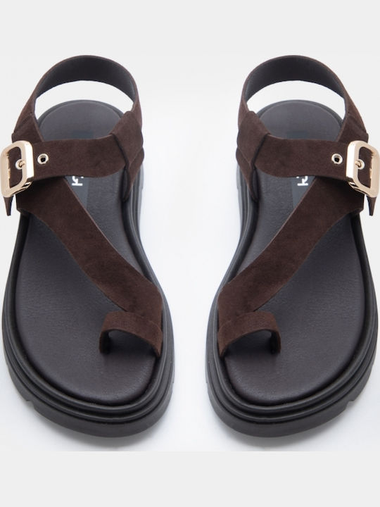 Δερμάτινα Γυναικεία Σανδάλια Flatforms Καφέ