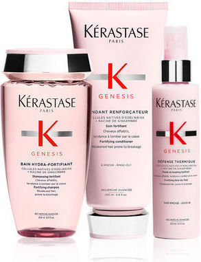 Kérastase Genesis Bain Hydra Fortifiant Hair Care & Styling Set Against Hair Loss for Thin Hair with Shampoo, Conditioner & Heat Protection 3 Pieces