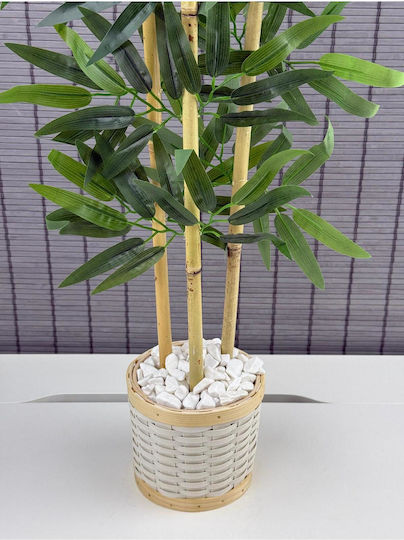 Stewehome Decorative Bamboo Tree Wicker Rattan Pot Wooden Detail Artificial Leaves 3 Trunks White 14x14x12 Cm