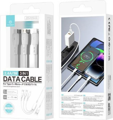 Techancy USB to Type-C / Lightning / micro USB Cable 2.4A White 1m