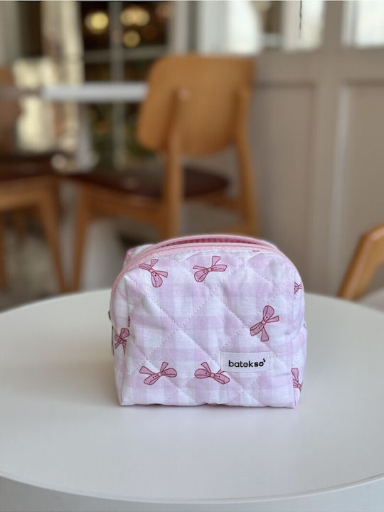 Enpapa Μικρή Τσάντα Μακιγιάζ Ροζ Καρό Κορδέλα Ροζ 13x13x9 Cm