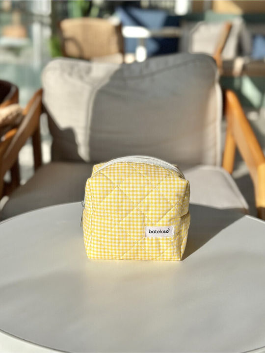 Enpapa Small Makeup Bag Yellow Checkered Pattern Jute Yellow 13x13x9 Cm