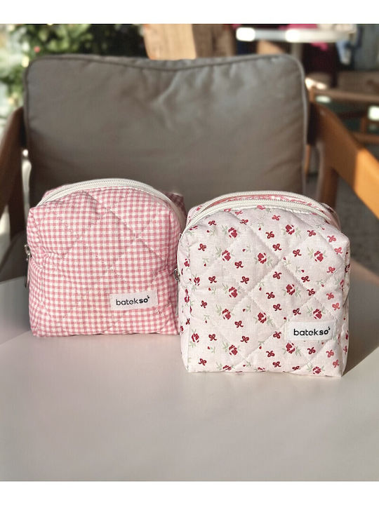 Enpapa Set Of 2 Small Makeup Bags Plaid Ribbon Design Burgundy Pink Rose Multicolored 13x13x9 Cm