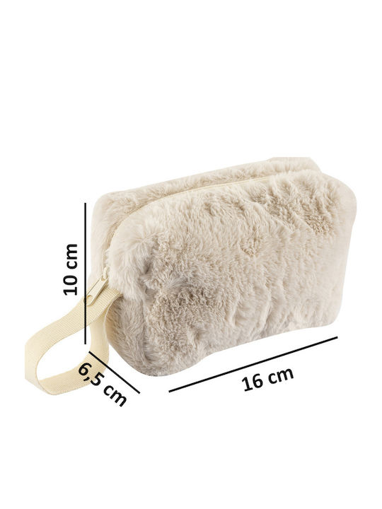 Enpapa Makeup Bag For Daily Use Plush Fabric Cream Ecru 16x10x6.5 Cm