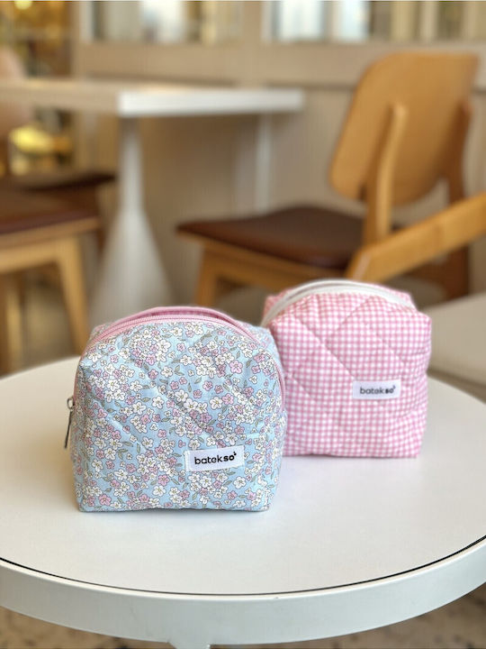 Enpapa Set of 2 Small Makeup Bags Blue Pink Flowers Pink Checkered Pattern Multicolored 13x13x9 Cm