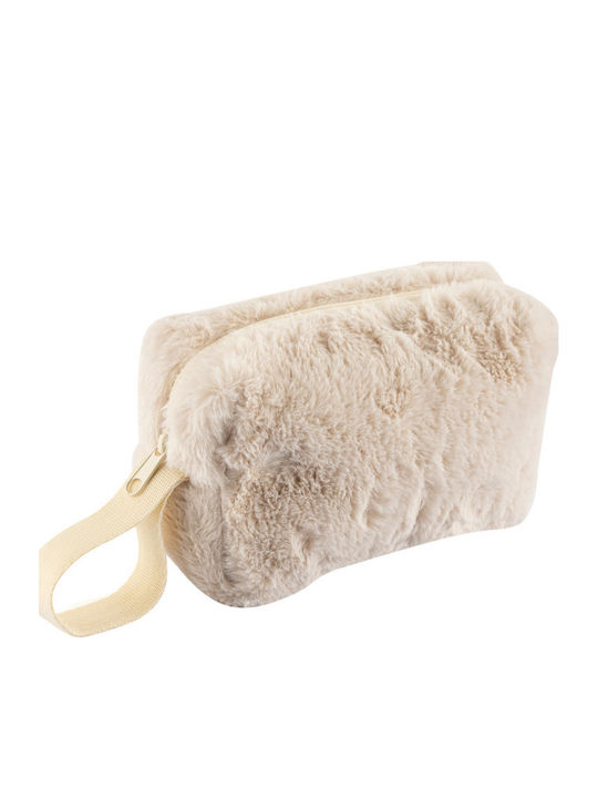 Enpapa Makeup Bag For Daily Use Plush Fabric Cream Ecru 16x10x6.5 Cm