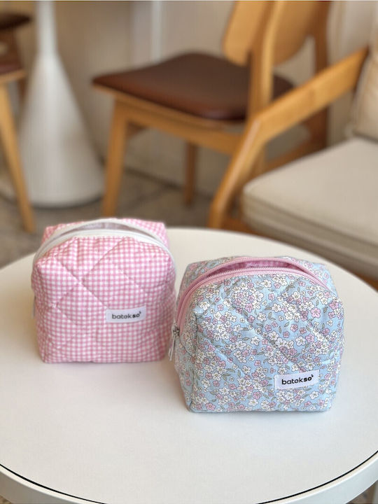 Enpapa Set of 2 Small Makeup Bags Blue Pink Flowers Pink Checkered Pattern Multicolored 13x13x9 Cm