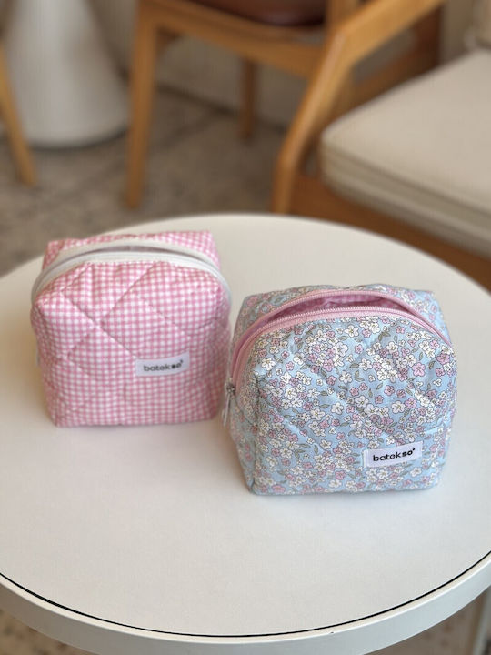 Enpapa Set of 2 Small Makeup Bags Blue Pink Flowers Pink Checkered Pattern Multicolored 13x13x9 Cm