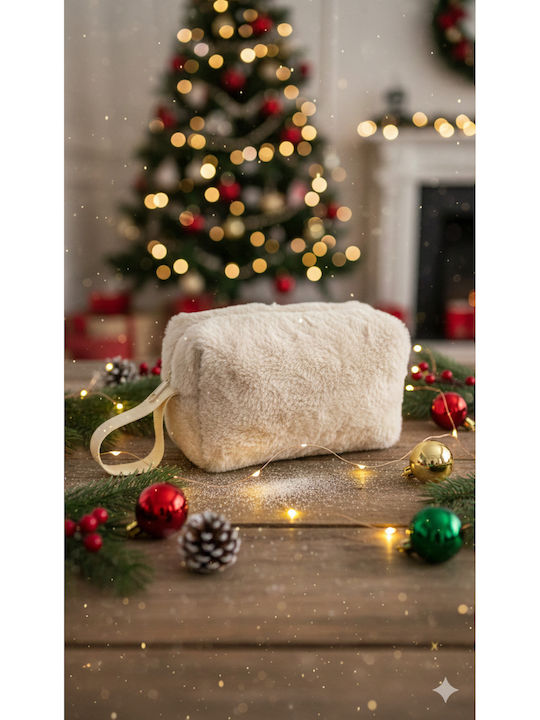 Enpapa Makeup Bag For Daily Use Plush Fabric Cream Ecru 16x10x6.5 Cm