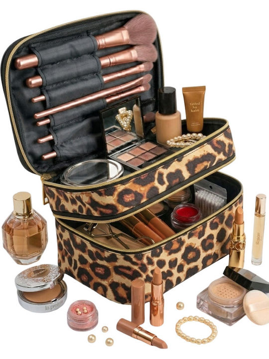 Enpapa Double Layer Large Travel Makeup Bag Functional Cosmetic Organizer Leopard Print