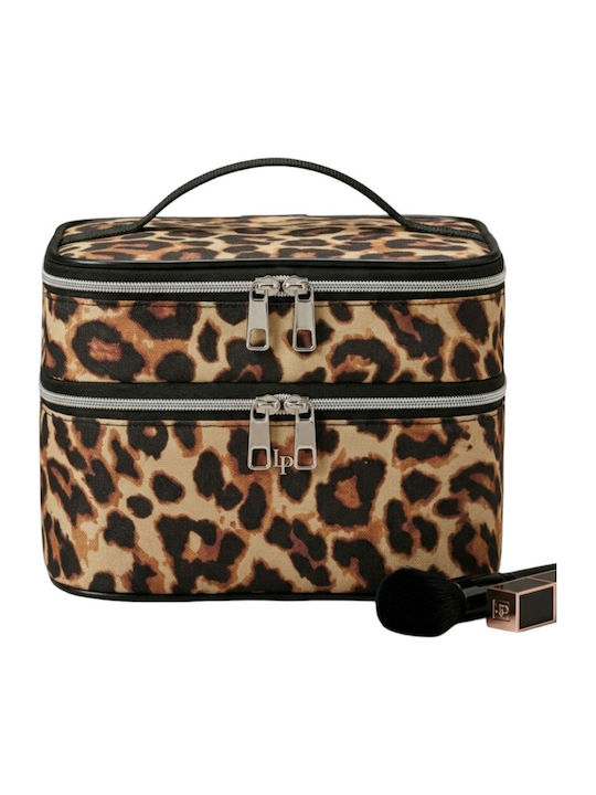 Enpapa Double Layer Large Travel Makeup Bag Functional Cosmetic Organizer Leopard Print