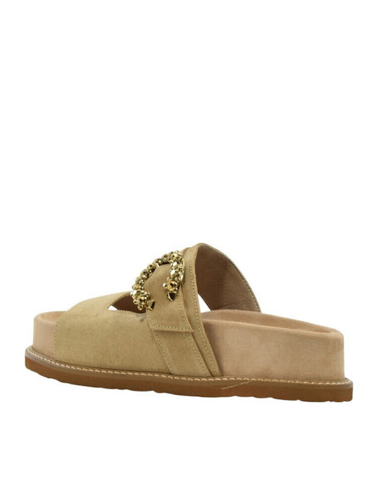 Leather Women's Flat Sandals Beige E612-Beige
