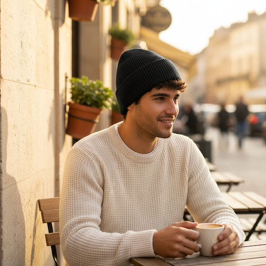 Beanie Unisex Căciulă cu Tricotaj Rib în Culoare Neagră