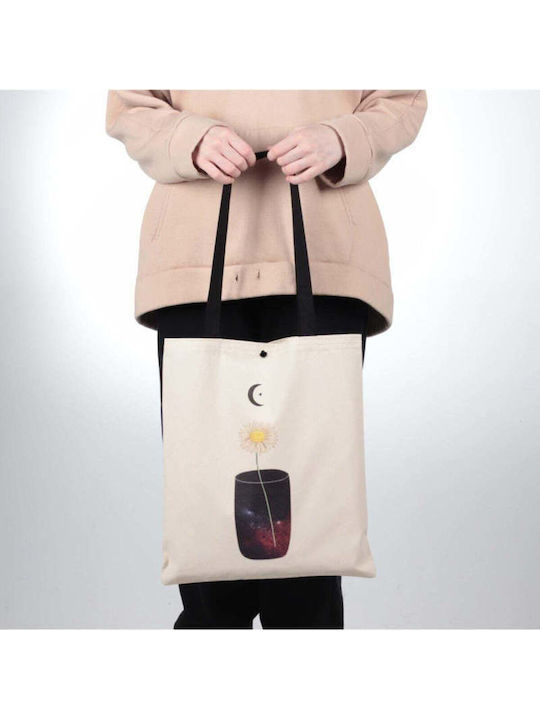 Enpapa Thick Fabric Shopping Bag Clip Closure Galaxy Design Beige 35x40 Cm