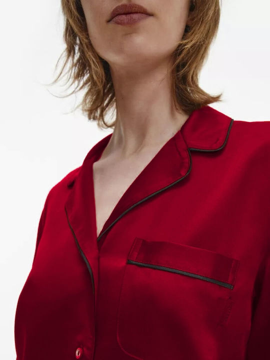 Calvin Klein Χειμερινό Γυναικείο Σετ Πιτζάμας Βαμβακερό Μπορντό