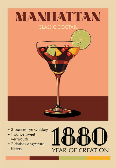 Poster Vintage Manhattan Klassischer Cocktail Pst25384 40cm x 50cm Rahmen aus Hölzernem Material Braun