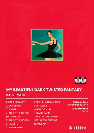 Music Poster Kanye West My Beautiful Dark Twisted Fantasy Ms091 40cm X 50cm Λευκή Ξύλινη Κορνίζα-62388pd156306f55310