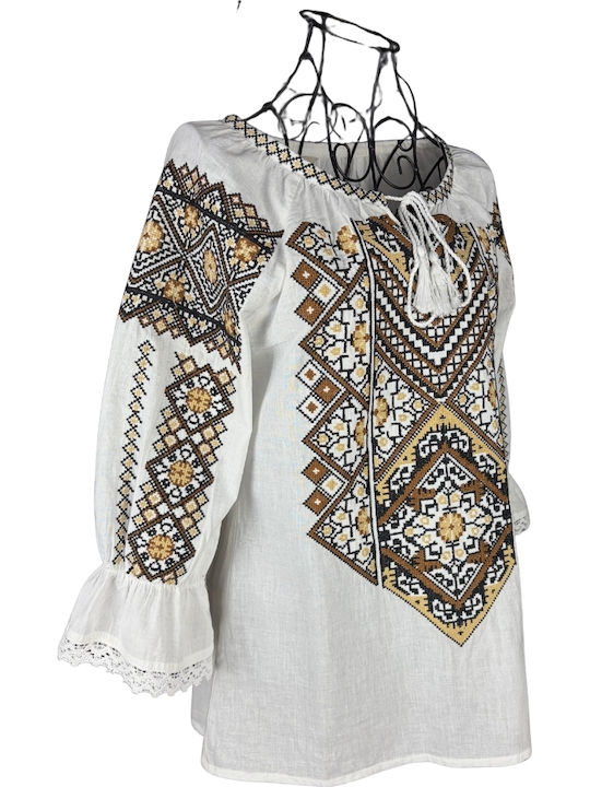 Bluza Damă Bumbac Mânecă Lungă Alb/Portocaliu