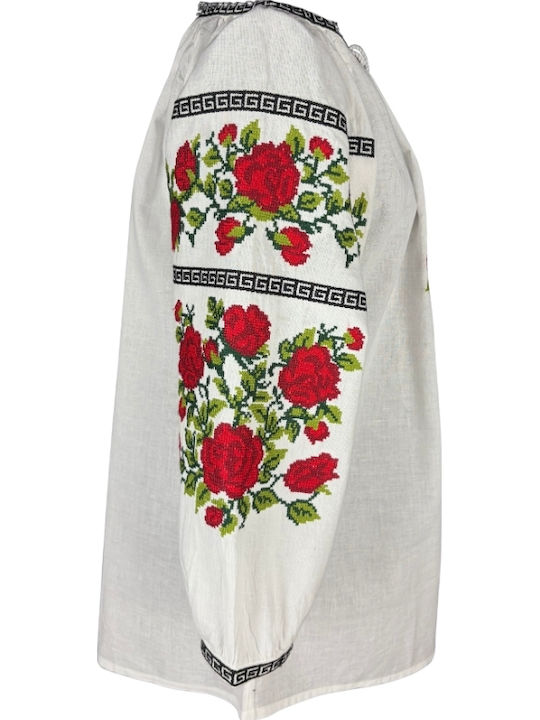 Bluza Damă Bumbac Mânecă Lungă Alb/Portocaliu