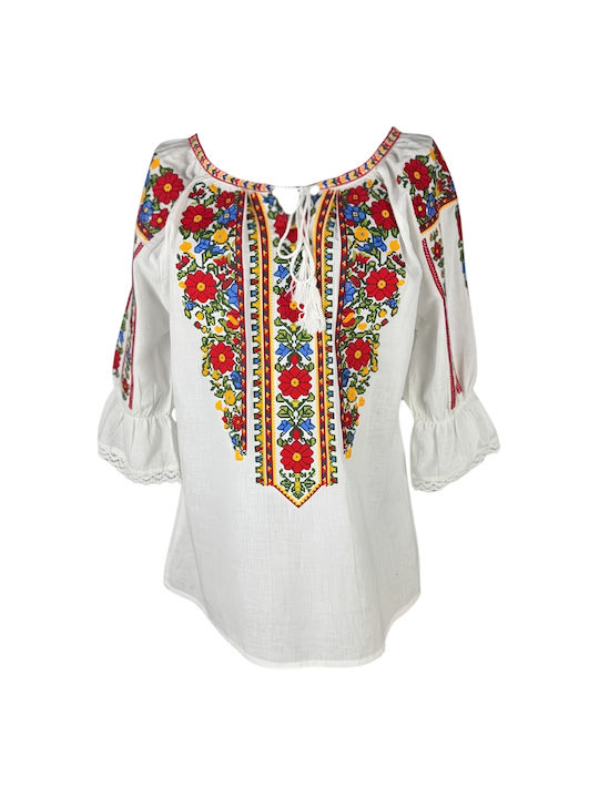 Bluza Damă Bumbac Mânecă Lungă Alb/Portocaliu