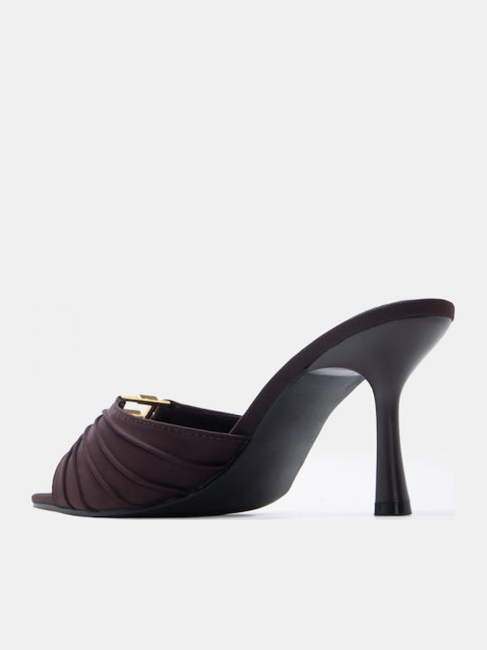 Satin Mules With High Heel In Brown Colour