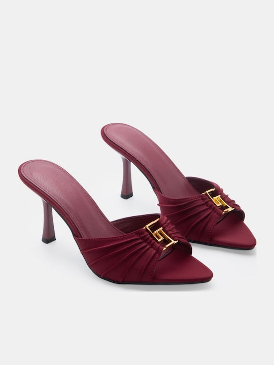 Satin Mules With High Heel In Burgundy Colour