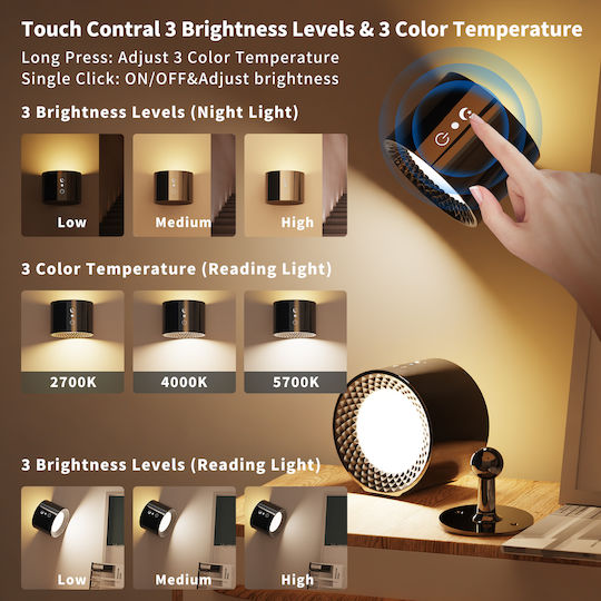 Se Led 4 Mizu Black Wall Battery Led Lamp Recharcheable 8x4,5cm 3,5w 2000mah 3cct Charging Time