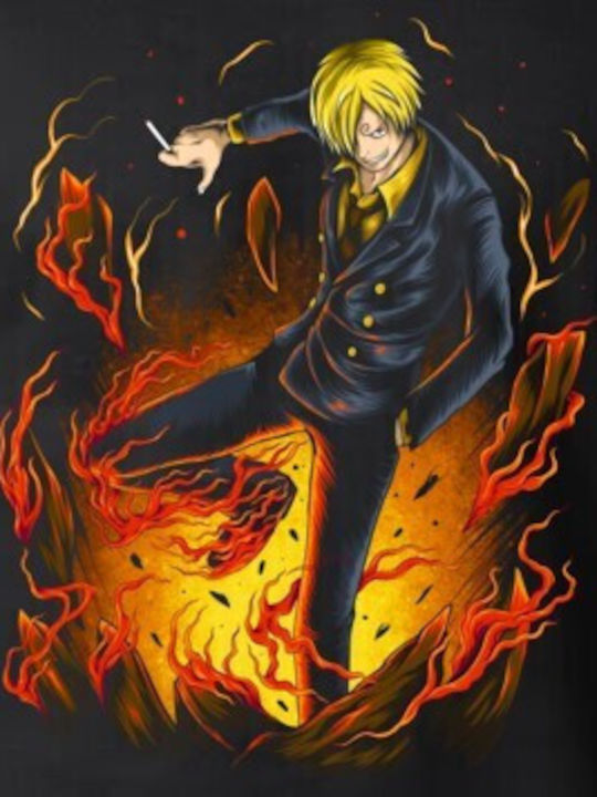 Rundhals Sanji Brennende Aura One Piece Anime Design Bedruckte Blusen Schwarz