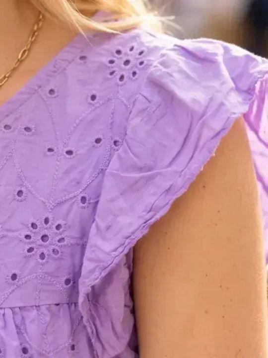 Damen Bluse Baumwolle mit Spitze Flieder