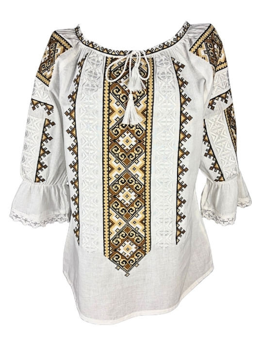 Bluza Damă Bumbac Mânecă Lungă Alb/Portocaliu