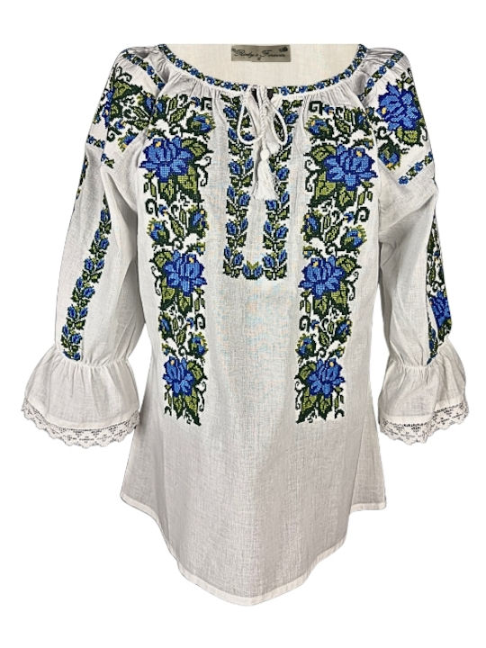 Bluza Damă Bumbac Mânecă Lungă Alb/Portocaliu