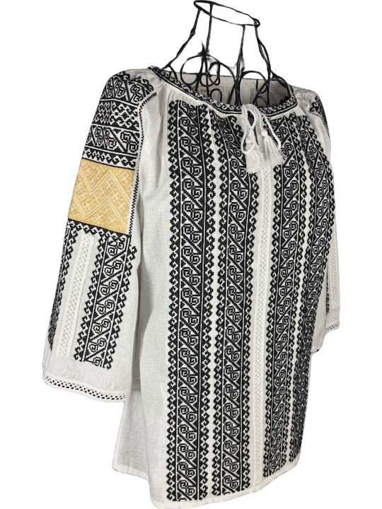 Bluza Damă Bumbac Mânecă Lungă Alb/Portocaliu