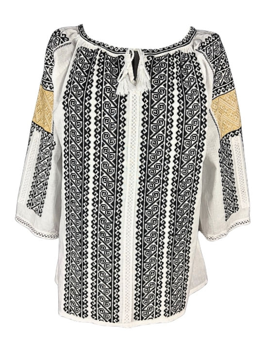 Bluza Damă Bumbac Mânecă Lungă Alb/Portocaliu