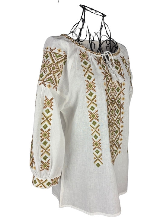 Bluza Damă Bumbac Mânecă Lungă Alb/Portocaliu