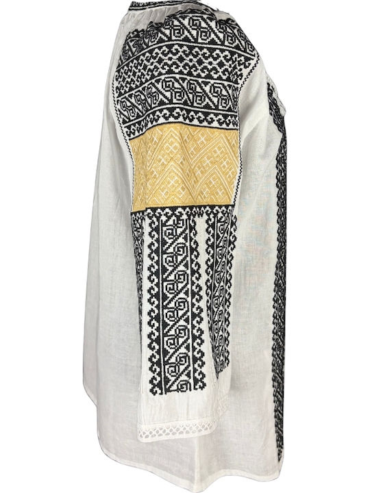 Bluza Damă Bumbac Mânecă Lungă Alb/Portocaliu